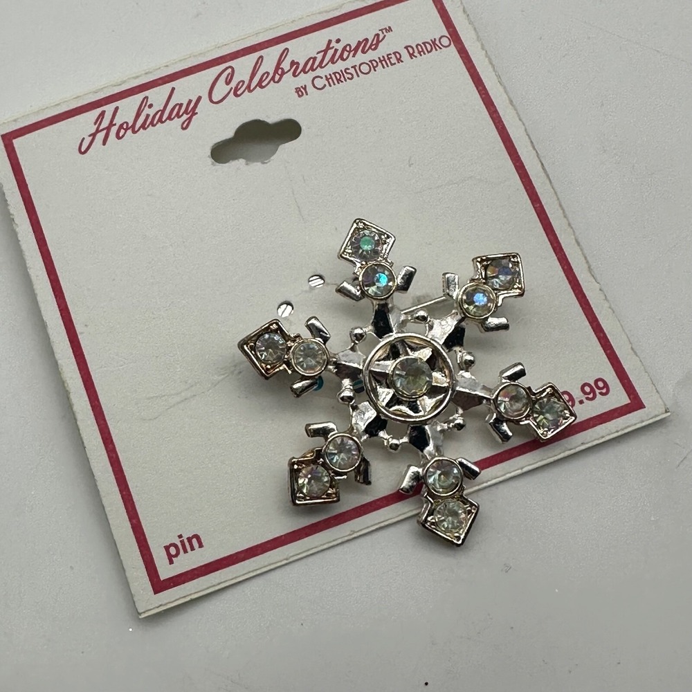 Christopher Radko‎ Silver Tone Rhinestone Christmas Snowflake Brooch Pin